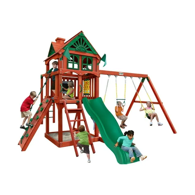 Gorilla Playsets 01-0083-RP Five Star II Wooden Swing Set with Monkey Bars, Rock Climbing Wall, Wood Roof, Two Swings and a Ring with Trapeze Combination Swing