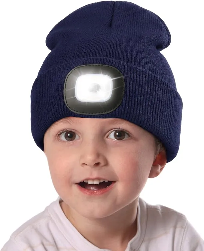 MELASA Unisex Kids LED Beanie, USB Rechargeable Hands Free Headlamp Hat, Night Flashlight Hat, Gifts for Kids Boys Black