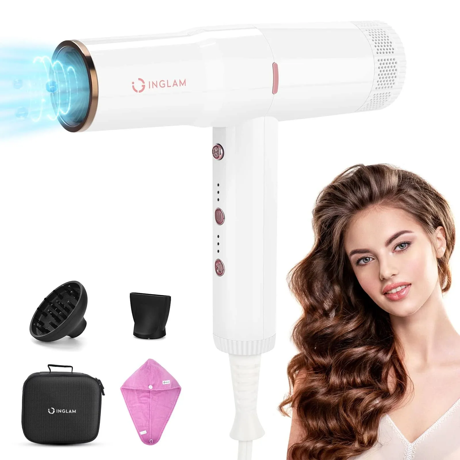 Hair Blow Dryer with Diffuser, IG Inglam Professional 110,000 RPM High Speed ...