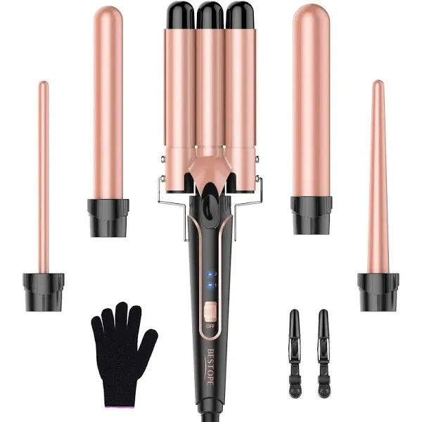 3-Barrel Beach Waver Curling Iron – 5-in-1 Wand Set with Hair Crimper for Fast Heating