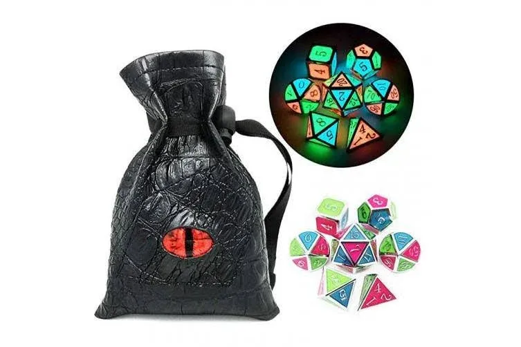 Haxtec Glow in The Dark Glowing Blue Red Green Silver Metal Dice Set D&D 7pcs DND ...