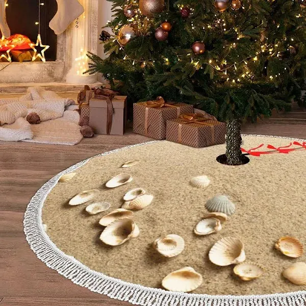 keepcute 48 Inch Beach Christmas Tree Skirt, Seashells on Sand Summer Beach Tree Mat with Tassel for Christmas Decorations for Xmas Party, Holiday