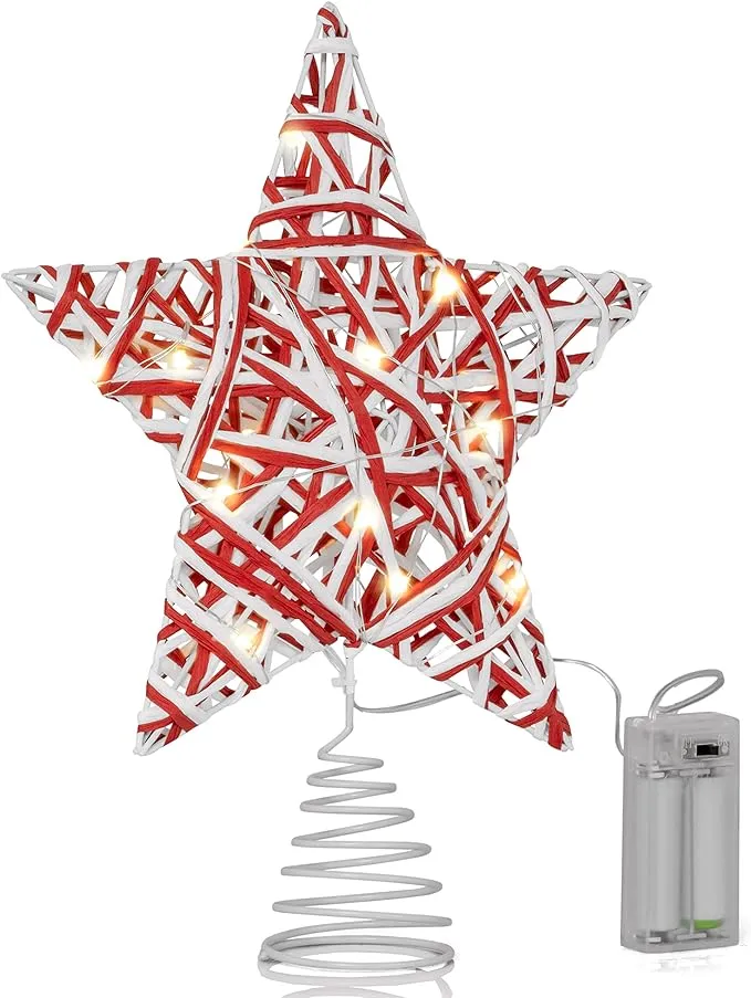 ORNATIVITY Christmas Rattan Tree Topper - Red and White Xmas Rustic Star LED Light Up Tree Topper Ornament Decoration