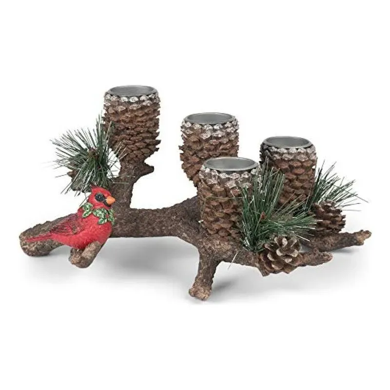 Roman 11.5" Brown and Green Pinecone with Cardinal Candle Holder