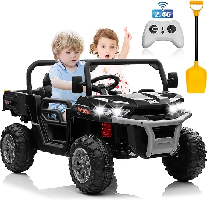 24V 2 Seater Kids UTV w/Electric Dump Bed, Ride on Dump Truck w/2.4G Remote, 2x200W Powerful Motors, Bluetooth Music, LED Light, Spring Suspension, Battery Powered Toy Cars for Kids Boys Girls, Black