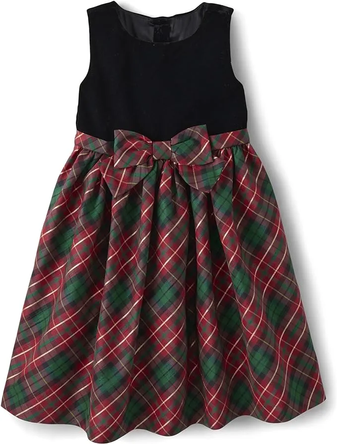 Girls Matching Family Plaid Bow Fit And Flare Dress - A Royal Christmas - Black