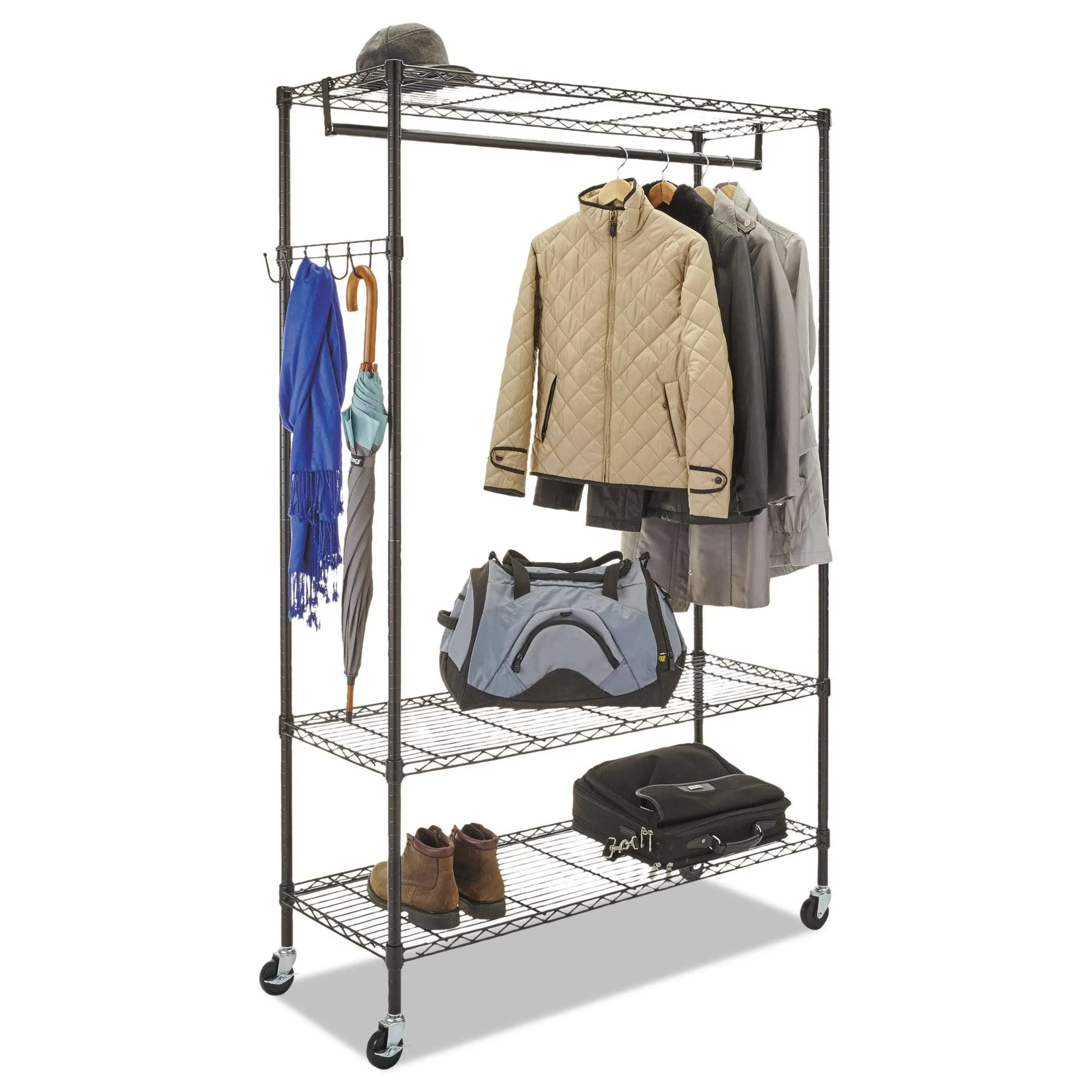 Alera GR364818BL Wire Shelving Garment Rack, Coat Rack, Stand Alone Rack, Black Steel w/Casters