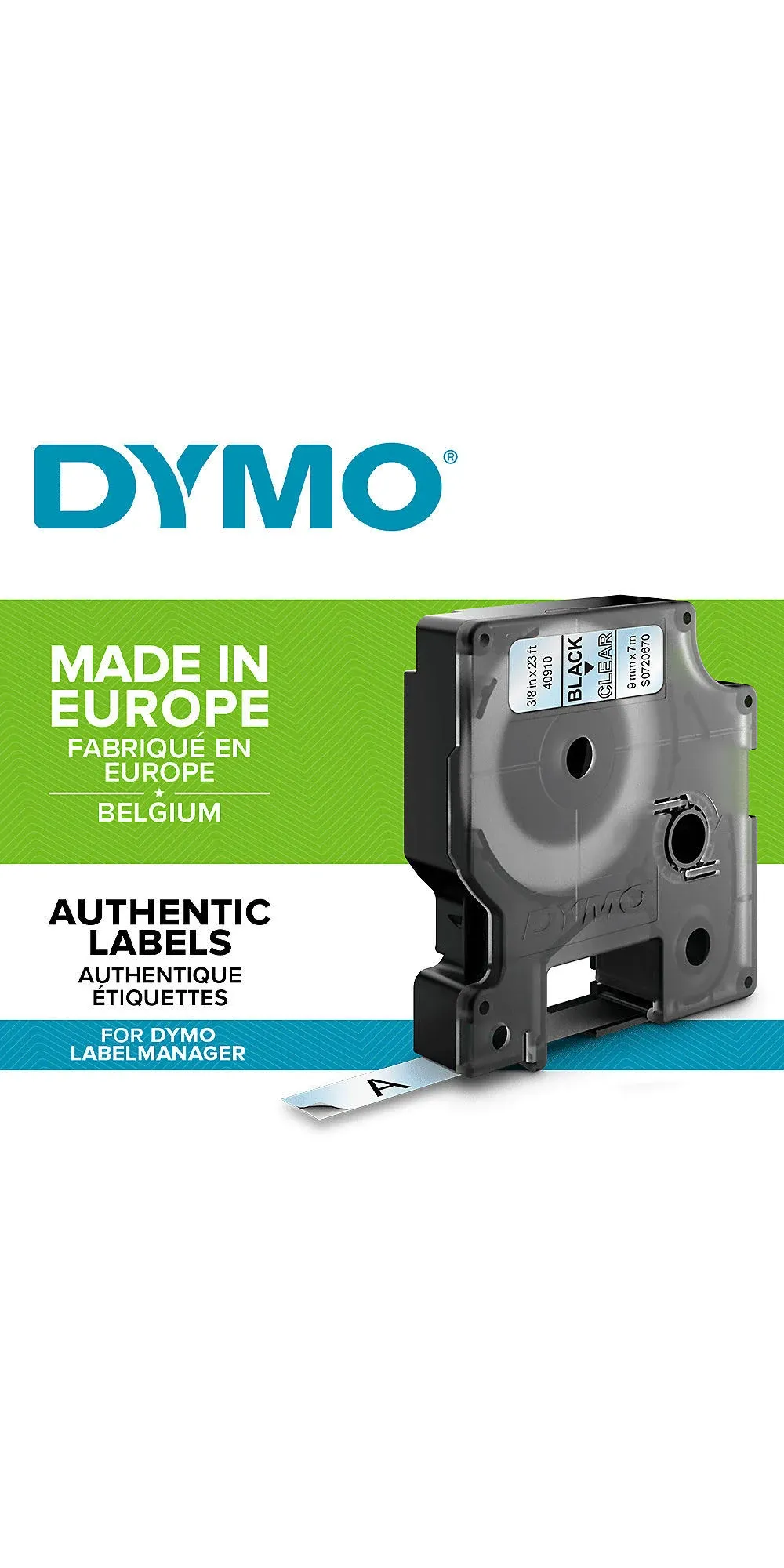 DYMO Standard D1 40910 Labeling Tape (Black Print on Clear Tape, 3/8'' W x 23' L, 1 Cartridge), DYMO Authentic