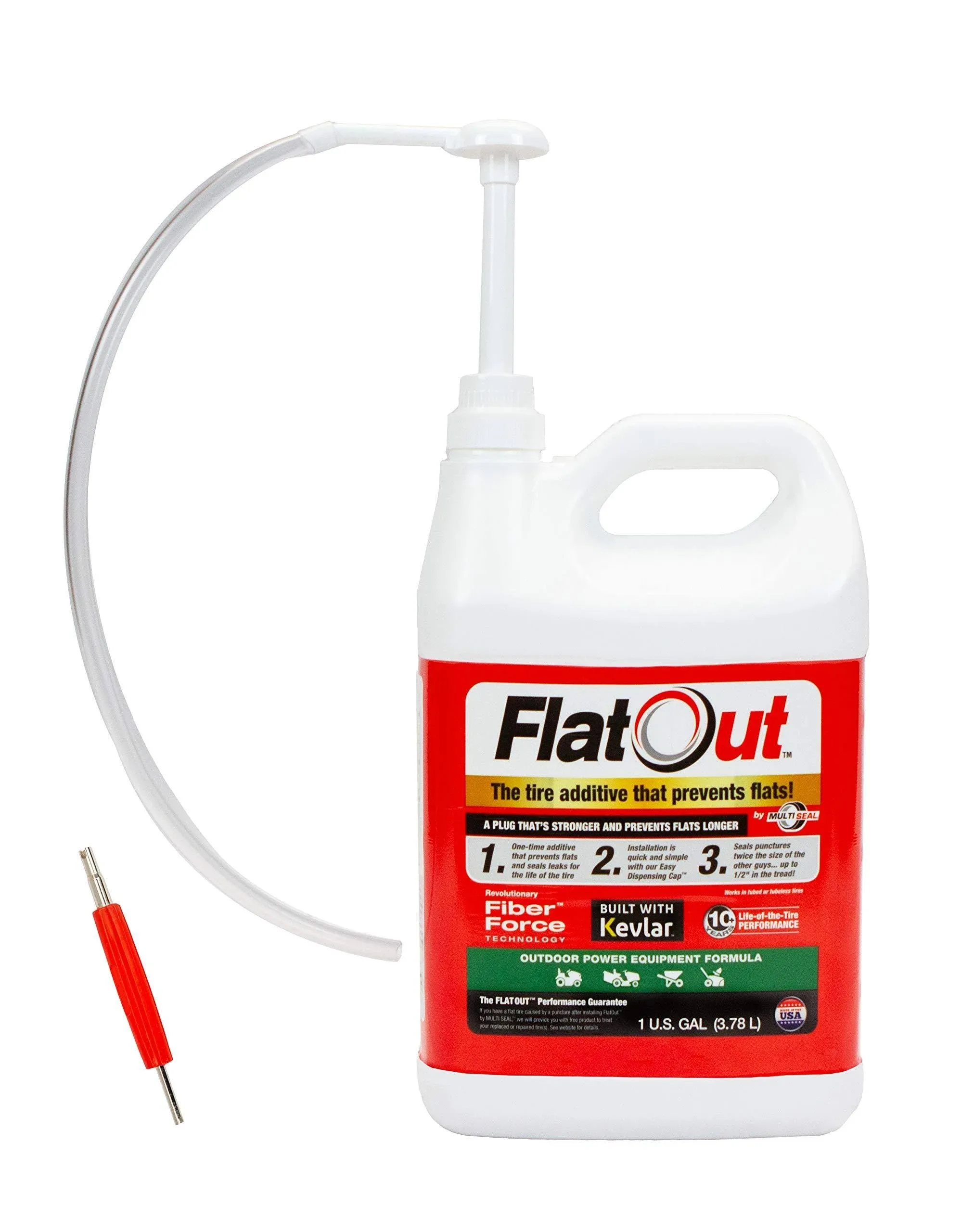 FlatOut Tire Sealant Outdoor Power Equipment Formula - with Valve Core Tool - Prevent Flat Tires, Seal Leaks, Contains Kevlar, 1 Gallon