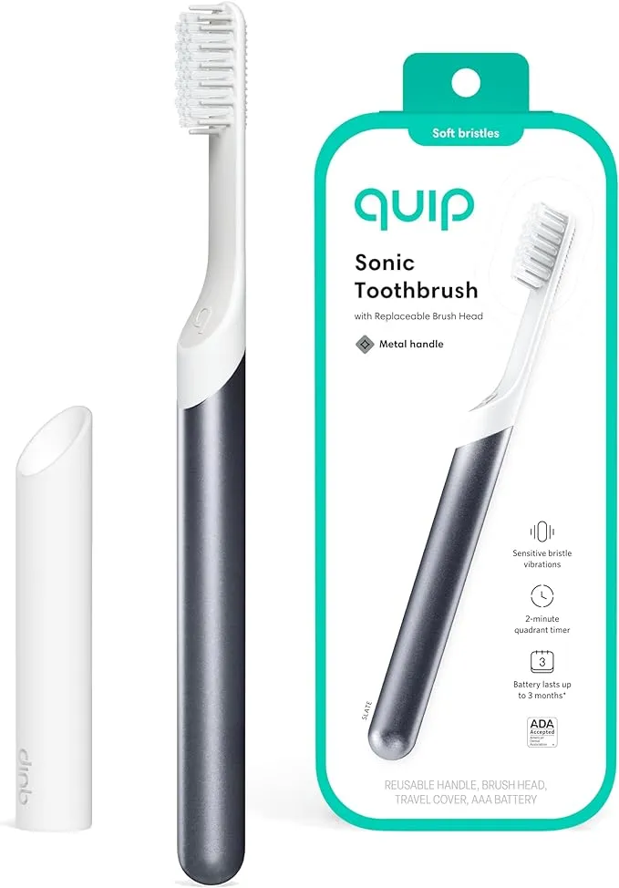 Quip Adult Electric Toothbrush - Sonic Toothbrush with Travel Cover & Mirror Mount, Soft Bristles, Timer, and Metal Handle - Slate