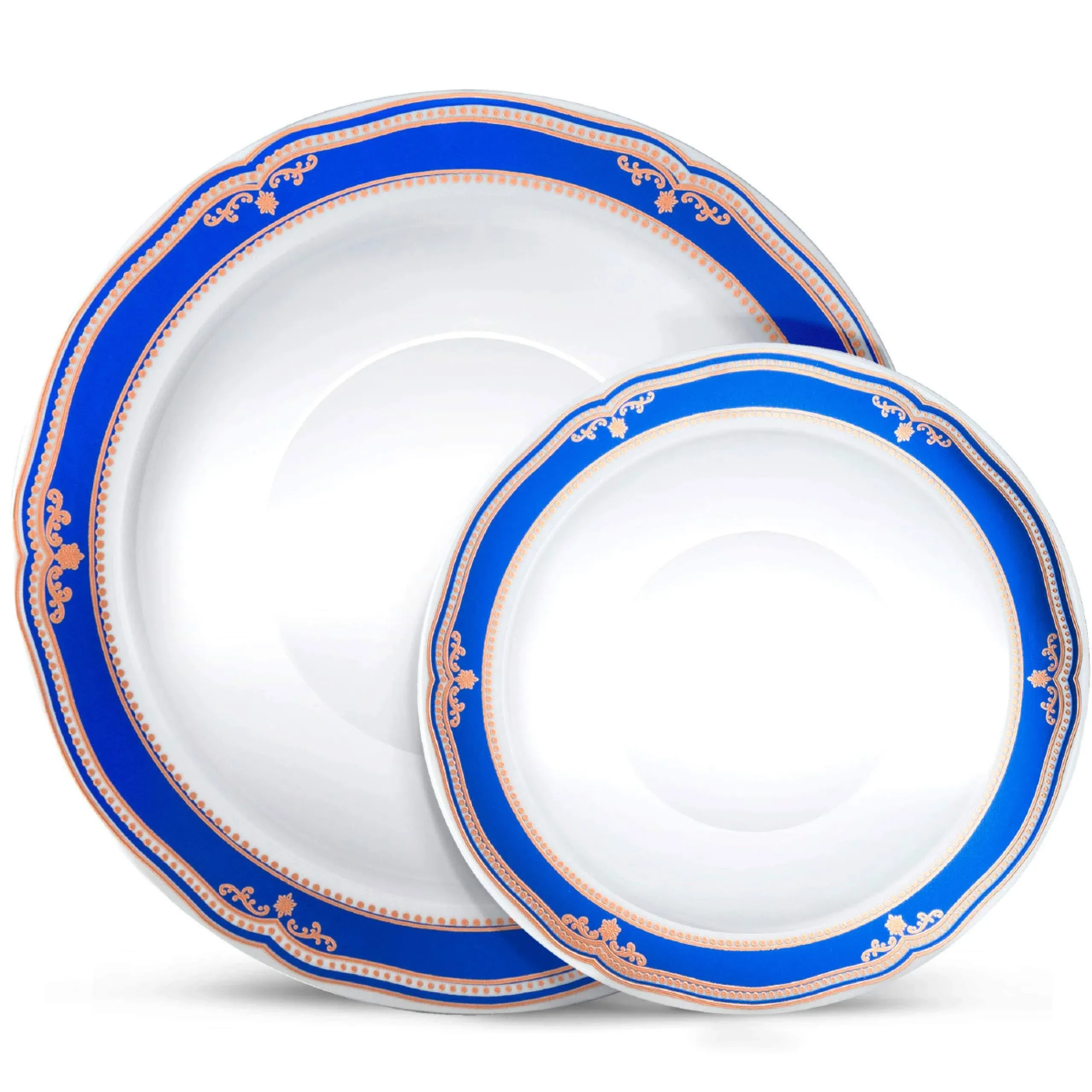 Laura Stein Designer Dinnerware Set | 64 Disposable Plastic Party Bowls | White Wedding Bowl with Blue Rim & Rose Gold Accents | Includes 32 x 12 oz Soup Bowls + 32 x 5 oz Dessert Bowls | Cobalt Blue