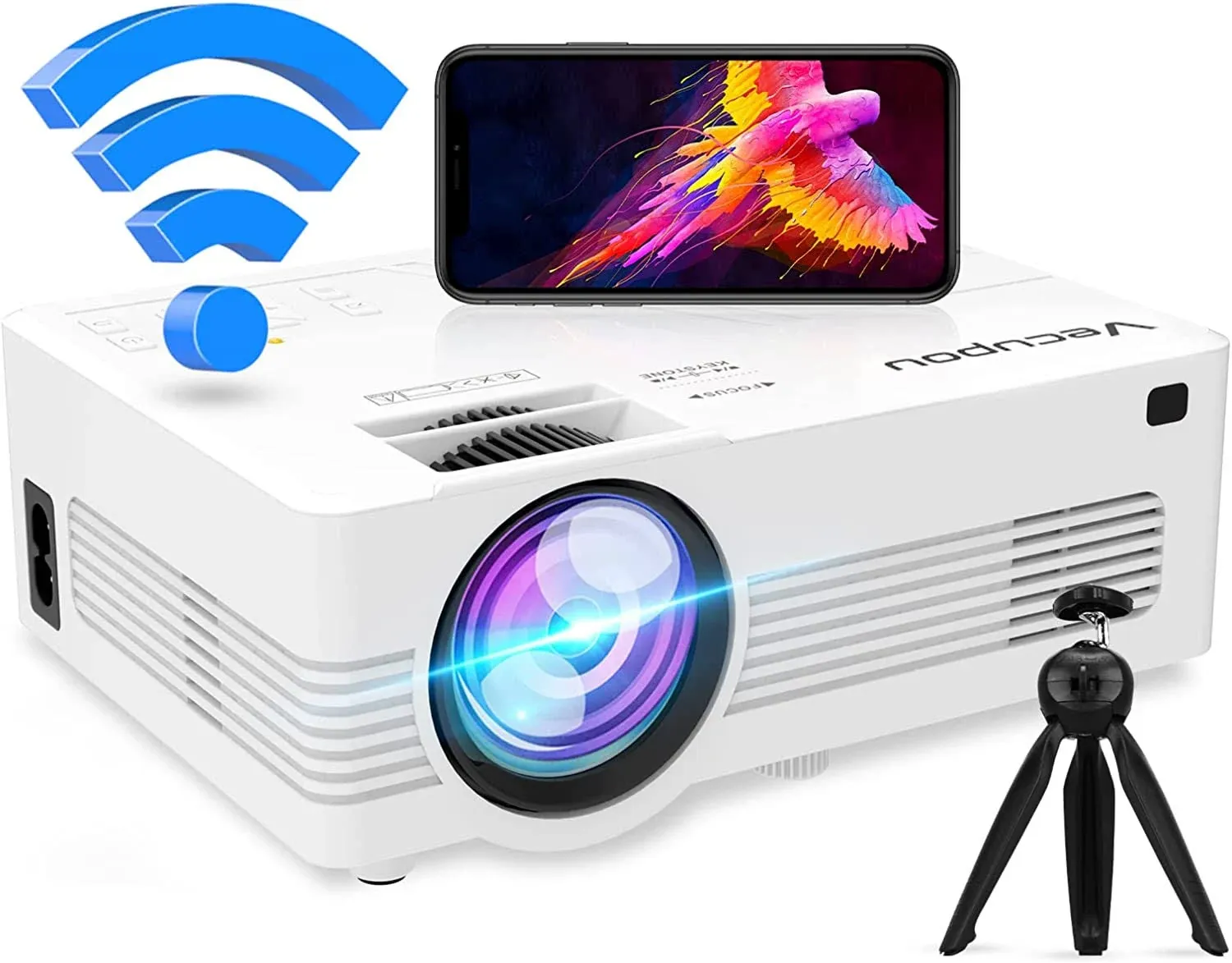 Mini WiFi Bluetooth Projector (with Tripod), Full HD 1080p Supported Outdoor