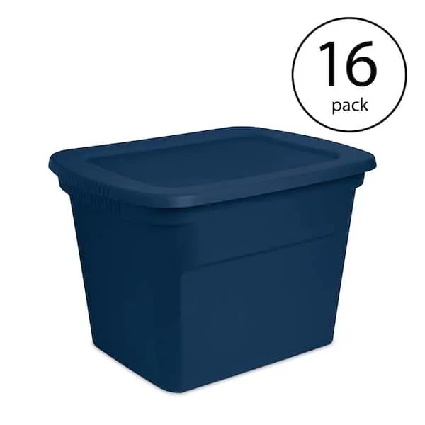 Sterilite Lidded Stackable 18 Gal Storage Tote Container w/Handles & Indented Lid for Efficient, Space Saving Household Storage, Marine Blue, 16 Pack