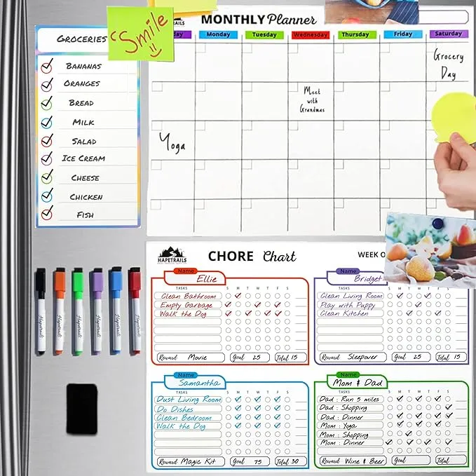 Hapetrails Magnetic Dry Erase Chore Chart for Multiple Kids and Planner Calendar ...