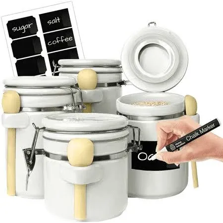 Home Intuition 4-Piece Ceramic Kitchen Canisters Set, Airtight Containers with Wooden Spoons Reusable Chalk Labels and Marker for Sugar, Coffee, Flour, Tea (Black)