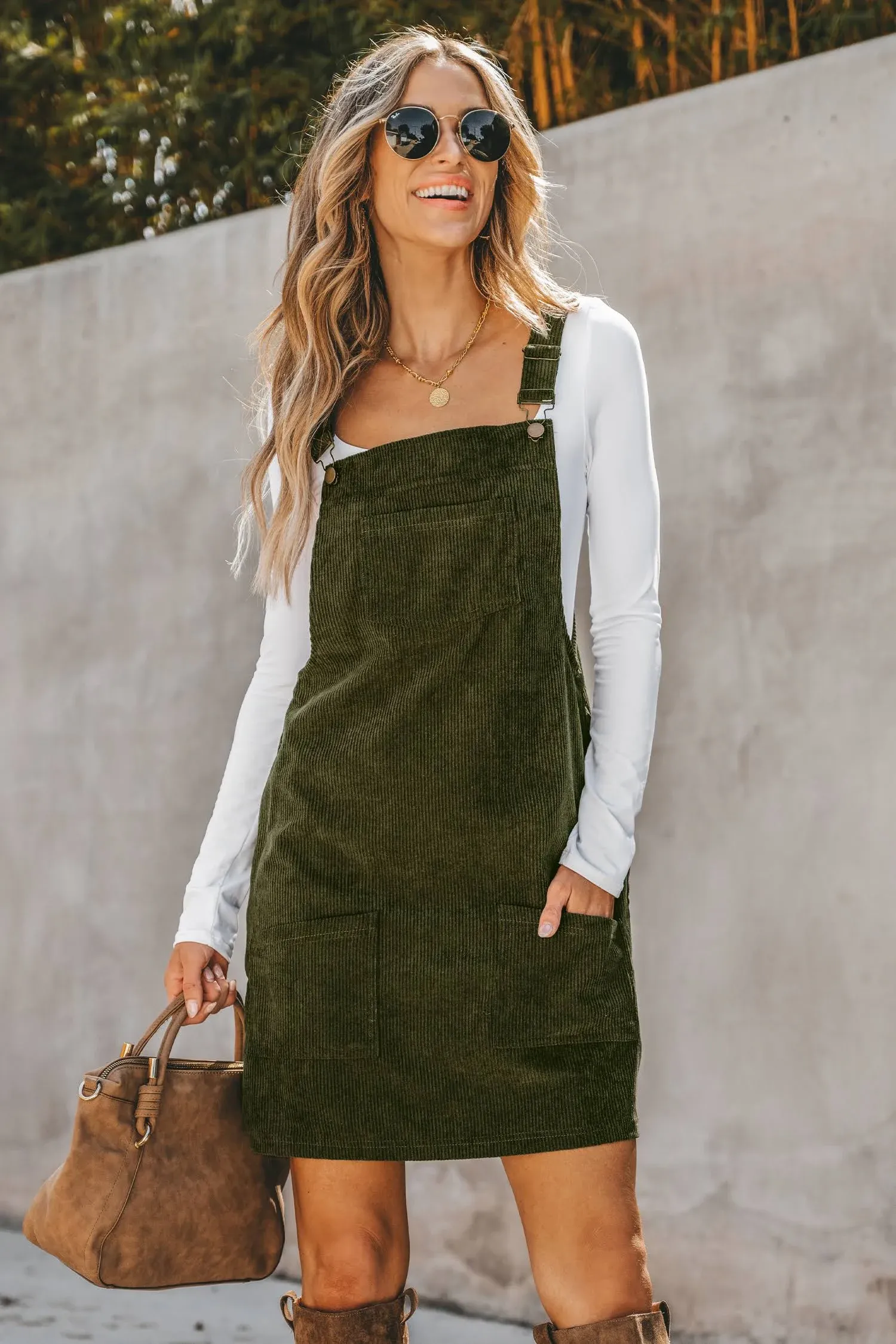 Cupshe Corduroy Square Neck Mini Overall Dress - Green,XS