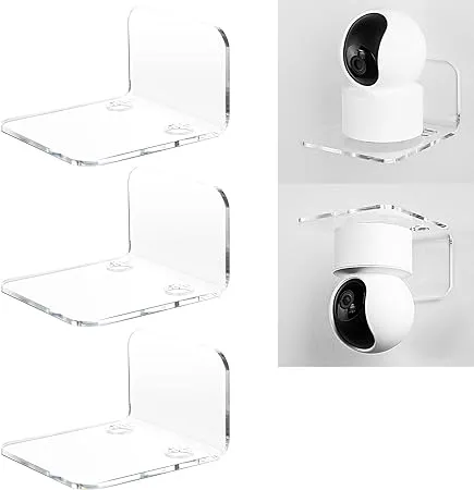 OAPRIRE Acrylic Floating Wall Shelves Set of 3 for Security Cameras, Baby Monitors, Speakers - Universal Small Wall Shelf with Cable Clips, 10-Piece Strong Tapes, No Drill (Clear)