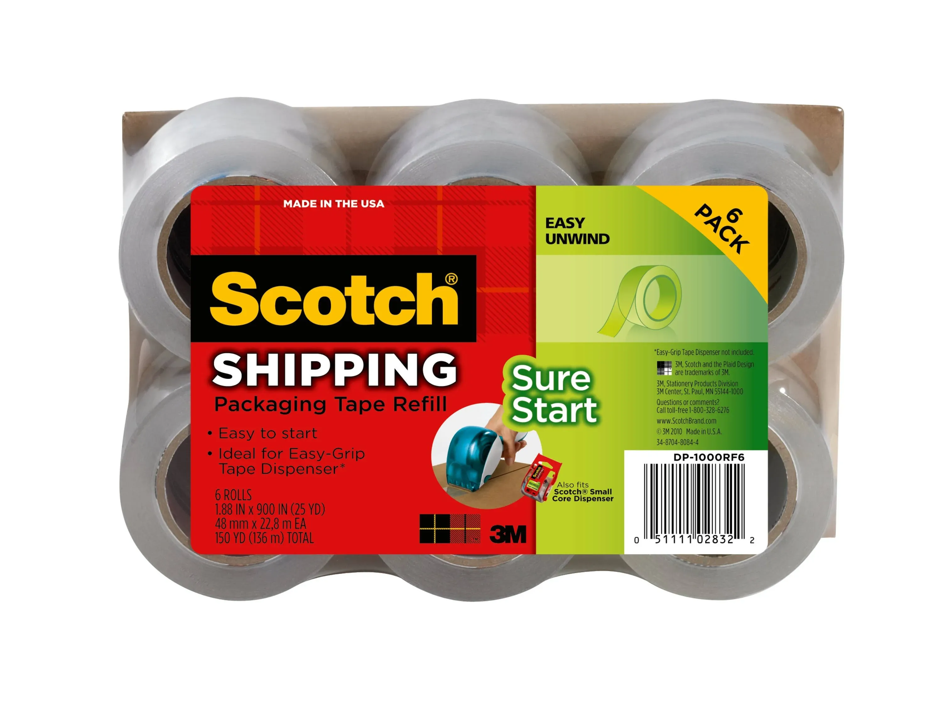 Scotch Easy-Grip Packaging Tape Dispenser Refill, Clear - 6 pack