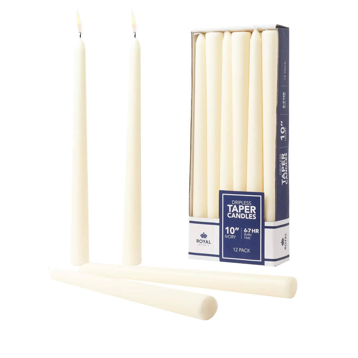 Royal Imports Unscented Taper Candles, Elegant Premium Quality, Dripless & Smokeless, Hand-Dipped Dinner Candles for Wedding, Holiday, Home Decor - 7 Hour Burn Time - Set of 12 (10 Inch, Ivory)