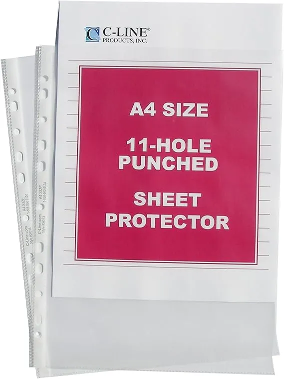 C-Line Top Loading Heavyweight Poly Sheet Protectors, Clear, A4 Size, 11.75 x 8.25 Inches, 50 per Box (08013)