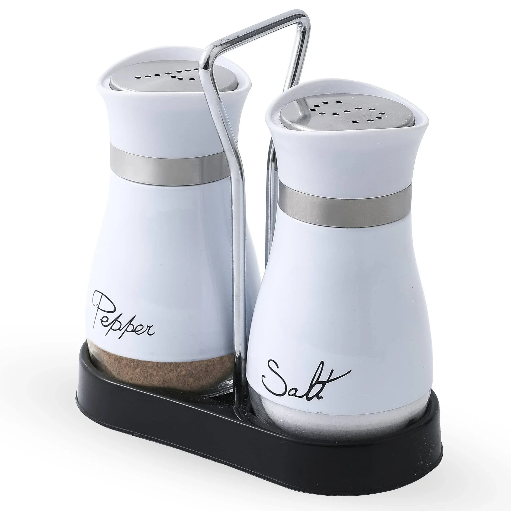 Salt and Pepper Shakers Set, Stainless Steel with Glass Bottle for Table, RV, Camp, BBQ, Set of 2, White