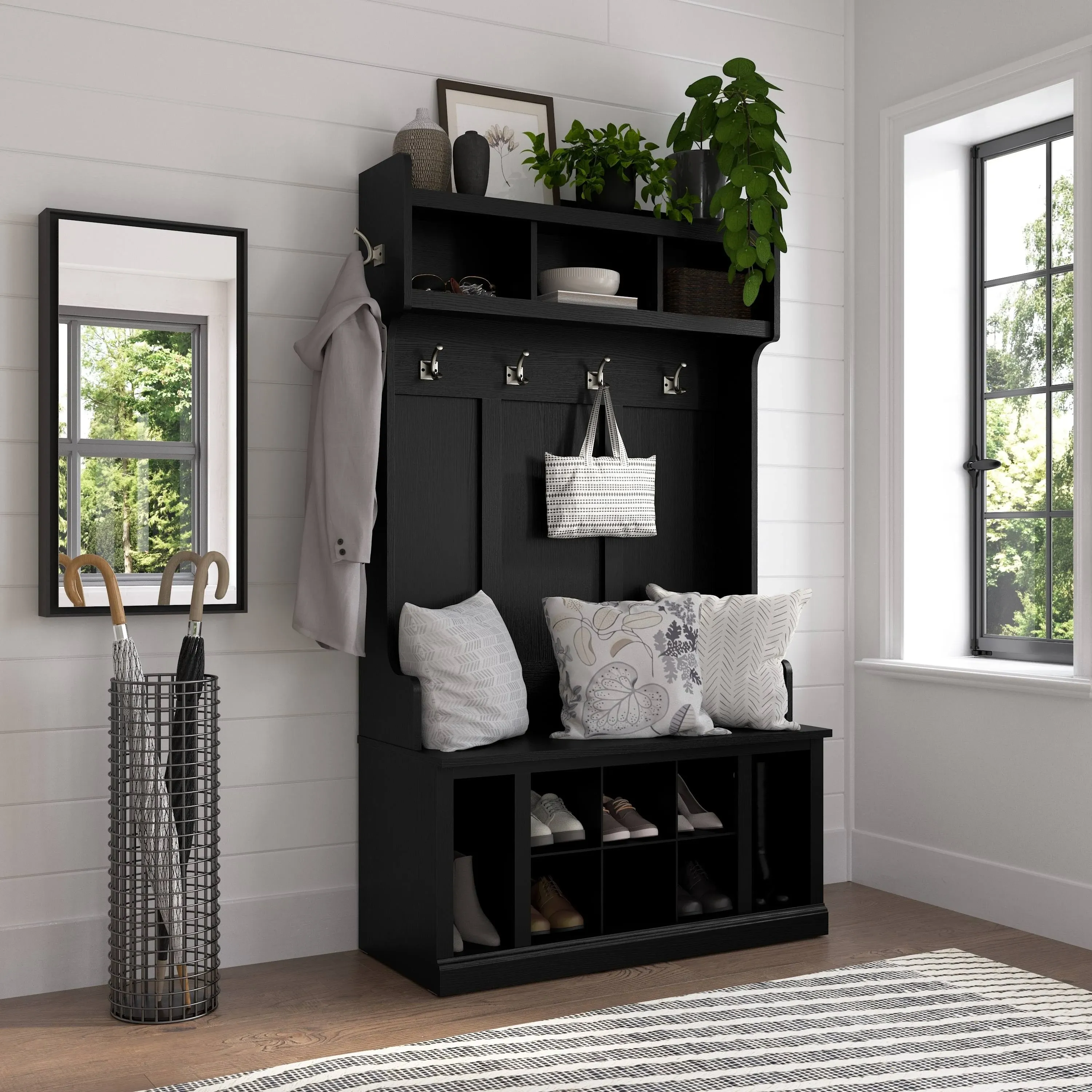 Woodland 40W Hall Tree and Shoe Bench w/ Shelves in Black Oak - Engineered Wood