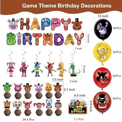 58 Pcs Five Nights at Freddy's Birthday Decorations,Included Banner,Tablecloth,Hanging Swirls,Cake Topper,Cupcake Toppers,Backdrop,Balloon,Game Tableware Set for Boy and Girl Party Decorations