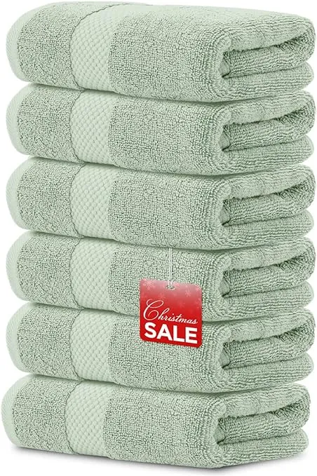 White Classic Luxury Hand Towels for Bathroom-Hotel-Spa-Kitchen-Set - Circlet Egyptian Cotton - 16x30 Inches - Set of 6 (Lt-Green)