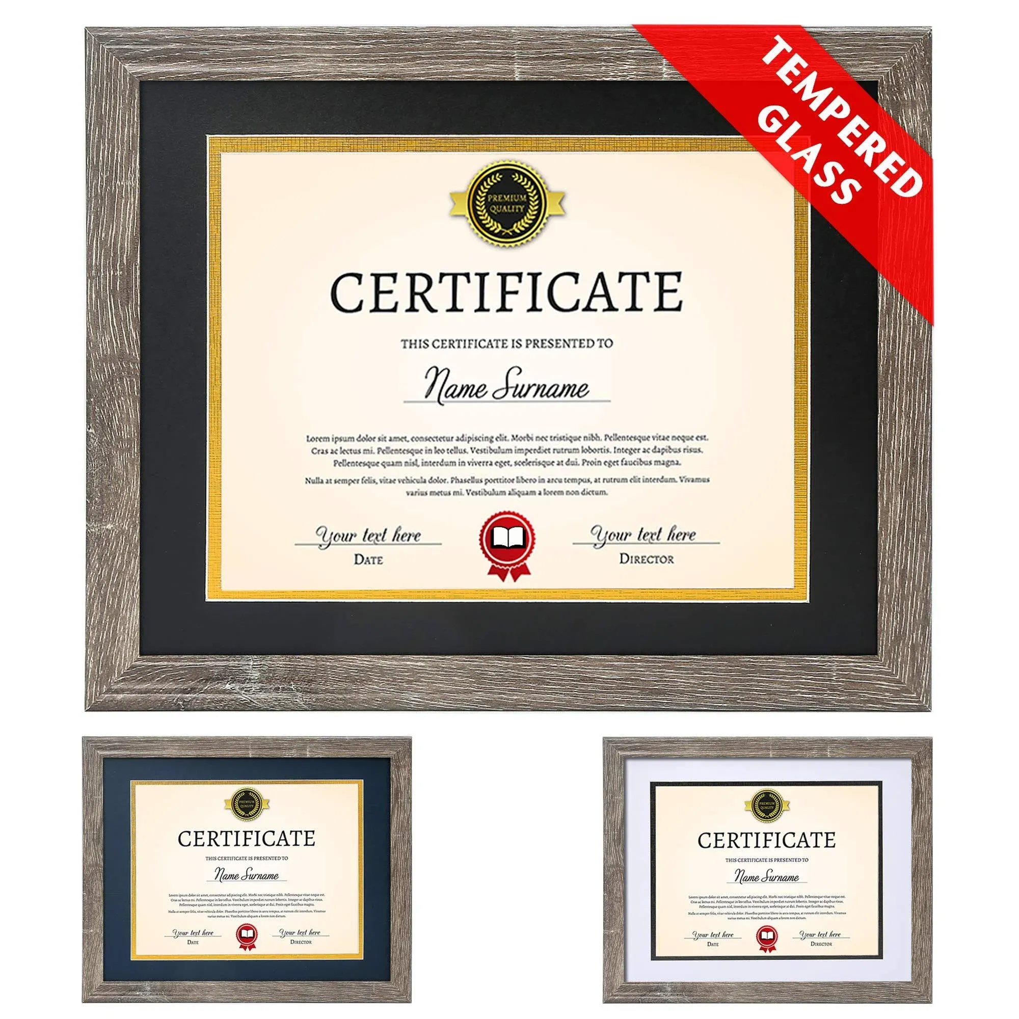 Diploma Frame Tempered Glass - Document Frames 8.5x11 with Mats(Navy, Black, White, Golden), Rustic Wooden Graduation Picture Frame 11x14 without Mat for Certificate, Degree (Set of 1, Rustic Grey)