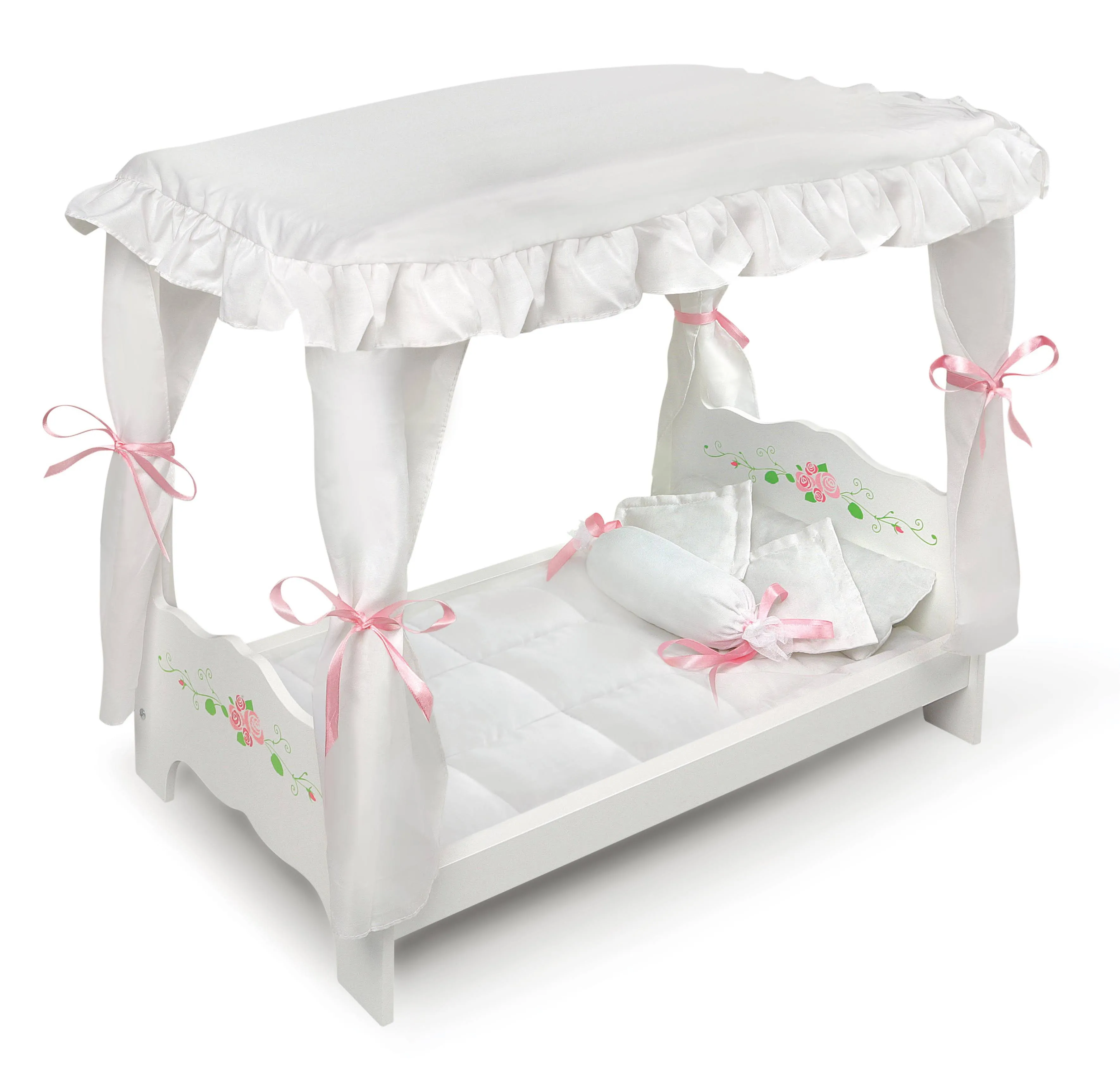 Badger Basket Fancy Canopy Doll Bed for Dolls 18 to 20 Inches with Rose Design – Includes Bedding, Blanket & 4 Pillows