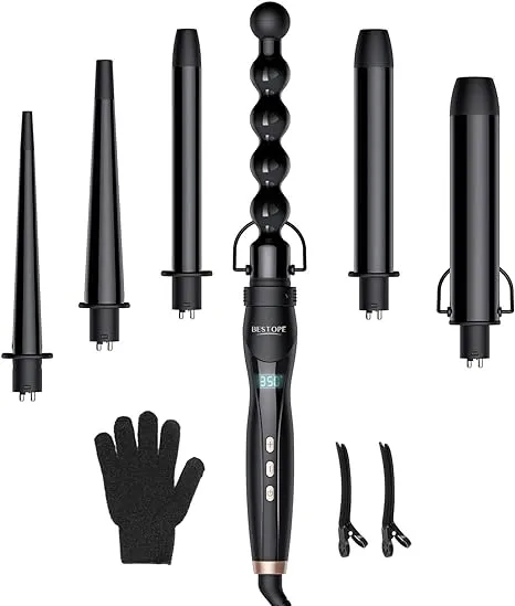 BESTOPE PRO 6 in 1 Curling Iron Set - 0.35”-1.25” Interchangeable Barrels, Curling Wand with LCD Temp Display, Instant Heat Up, Dual Voltage, Include Glove & 2 Clips