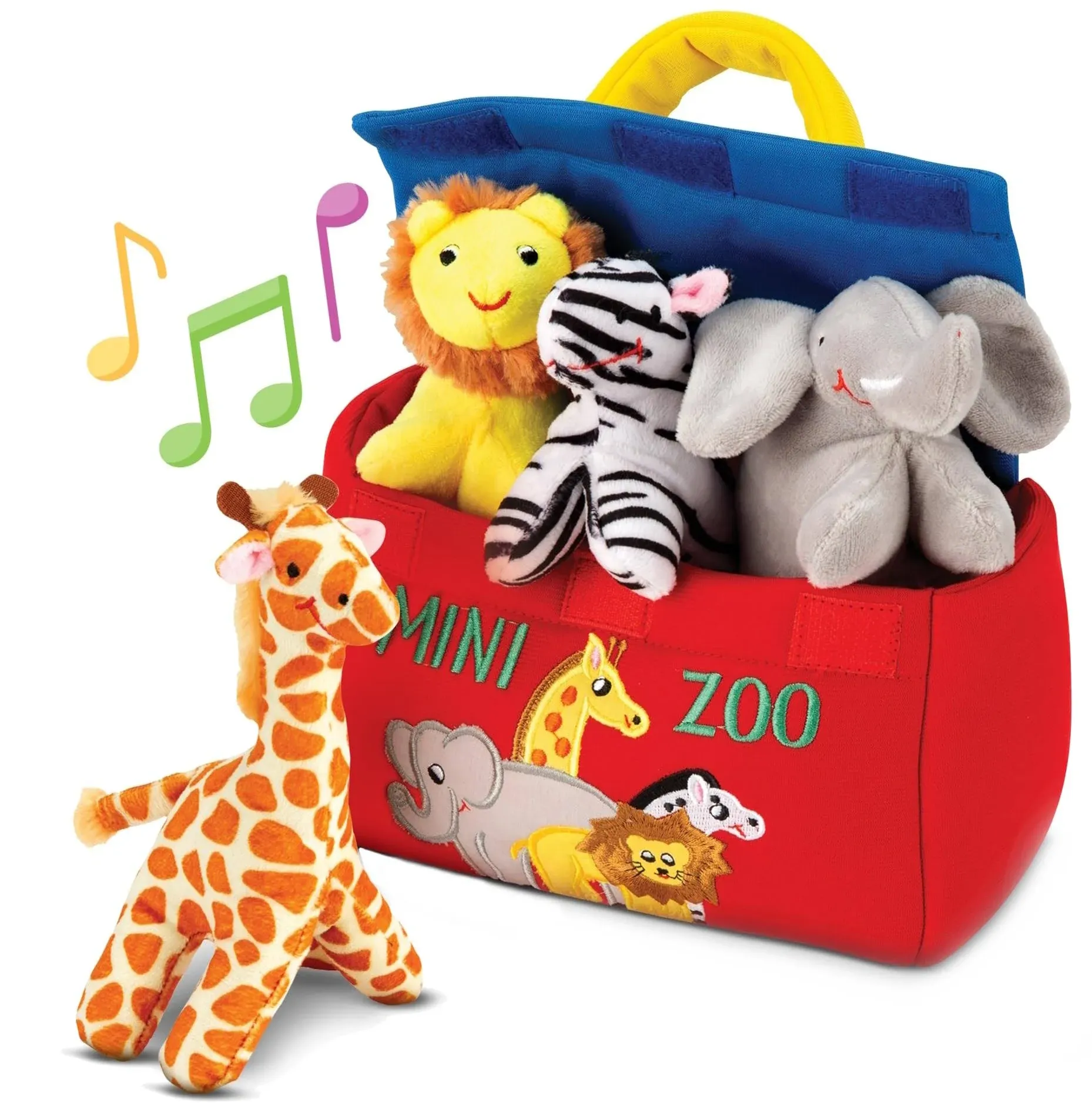 Plush Mini Zoo Playset Giraffe Elephant Lion Zebra Interactive Animals Carrier