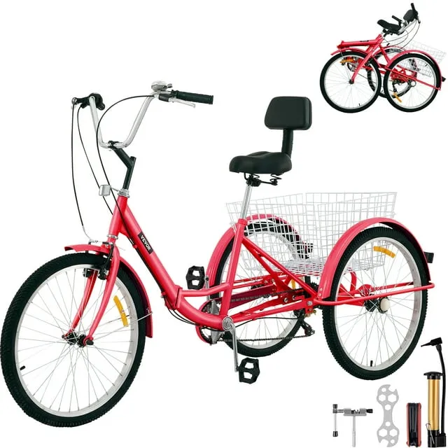 VEVOR Foldable Adult Tricycle 26", 7-Speed 3 Wheels Trike with Basket, Portable and Foldable Bicycle for Adults Exercise Shopping Picnic Outdoor Activities, Red