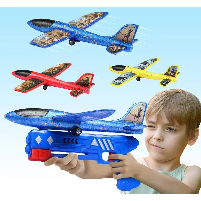 Aiencsai 3 Pack Airplane Launcher Toy, 12.6" Foam Glider LED Plane, 2 Flight Mode Catapult Plane for Kids Outdoor Sport Flying Toys Gifts