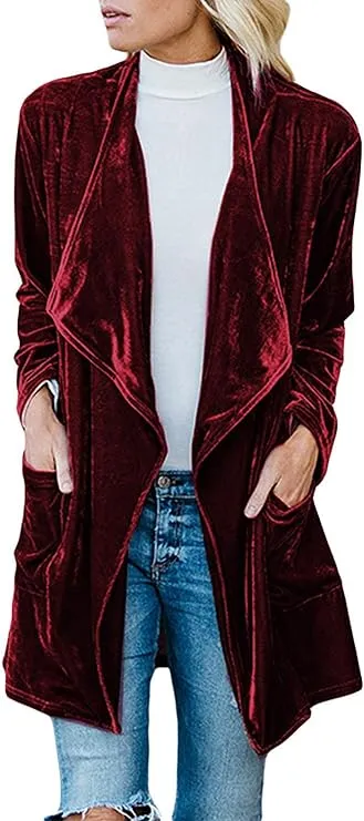 futurino Women's Solid Long Sleeve Velvet Jacket Open Front Cardigan Coat with Pockets Outerwear