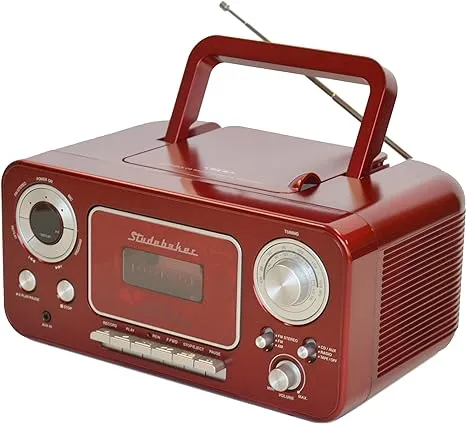 Studebaker SB2135RS Portable Stereo CD Player with AM/FM Radio and Cassette Player/Recorder in Red and Silver