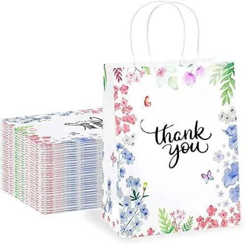 Purple Q Crafts Thank You Gift Bags 25 Pack 8" X 4" X 10" Small Paper Bags With Handles Floral Design Thank You Bags For Business, Boutique, Gifts, Wedding Favors…