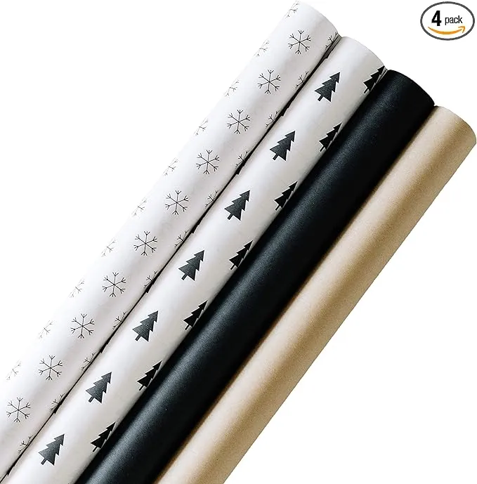 Holiday Kraft Wrapping Paper Set (4 Rolls, 120 sq. ft. total) Black, White, Brown, Christmas Trees, Snowflakes with Cutting Grid Lines on Back