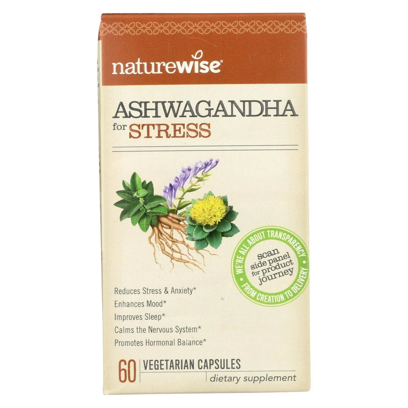 NatureWise Ashwagandha for Stress - With KSM-66 Ashwagandha Extract + GABA + L-Theanine + Rhodiola Rosea - Herbal Mood & Sleep Support - Vegan, Non-GMO, Gluten-Free - 60 Capsules[1-Month Supply]