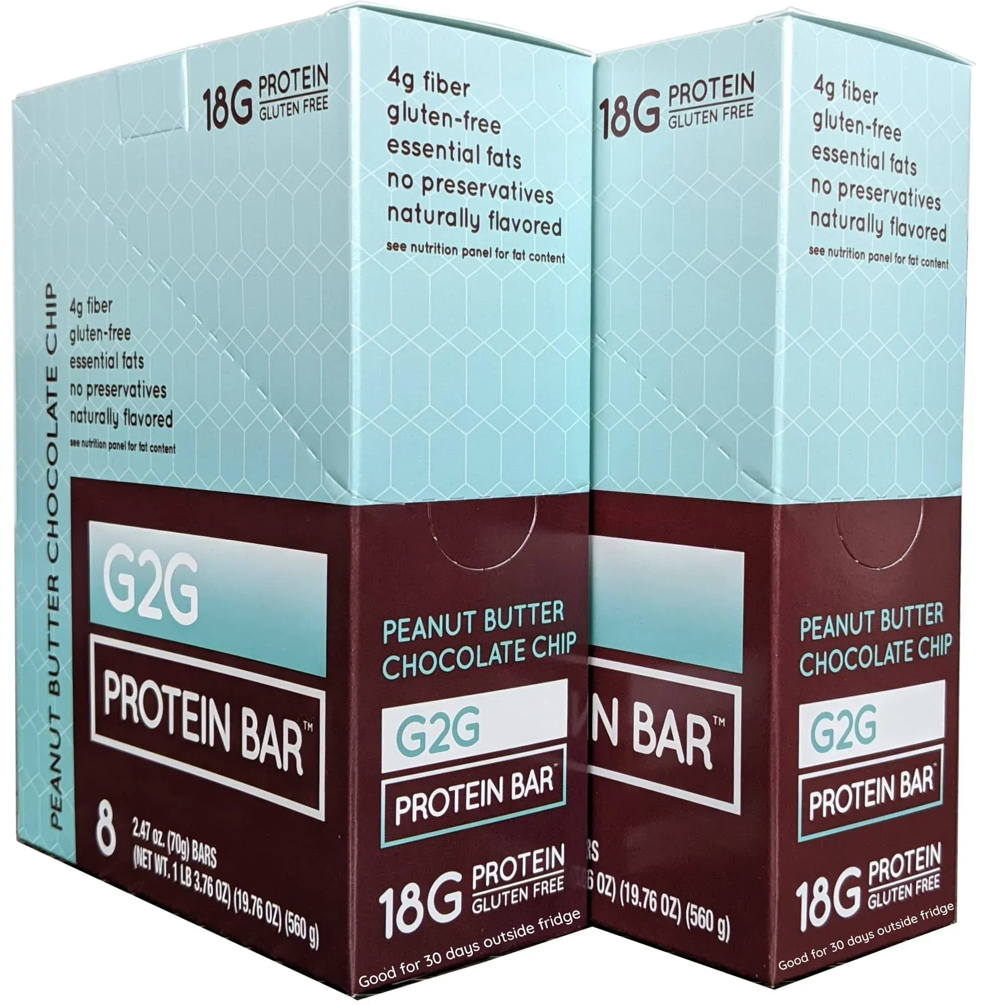 G2G Protein Bar, Peanut Butter Chocolate Chip, Real Food, Refrigerated for freshness. 16 Count (2 Packs of 8)