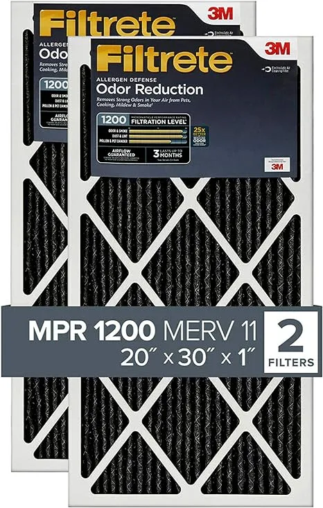 Filtrete 20x30x1 Air Filter, MPR 1200, MERV 11, Allergen Defense Odor Reduction 3-Month Pleated 1-Inch Air Filters, 2 Filters