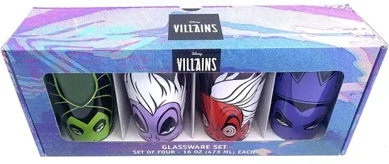 Disney Villains Colored Glassware Set, Set of Four 16 oz Glasses - Maleficent, The Evil Queen, Cruella de Vil, & Ursula. Kitchen Decor Essentials - Gifts and Collectibles