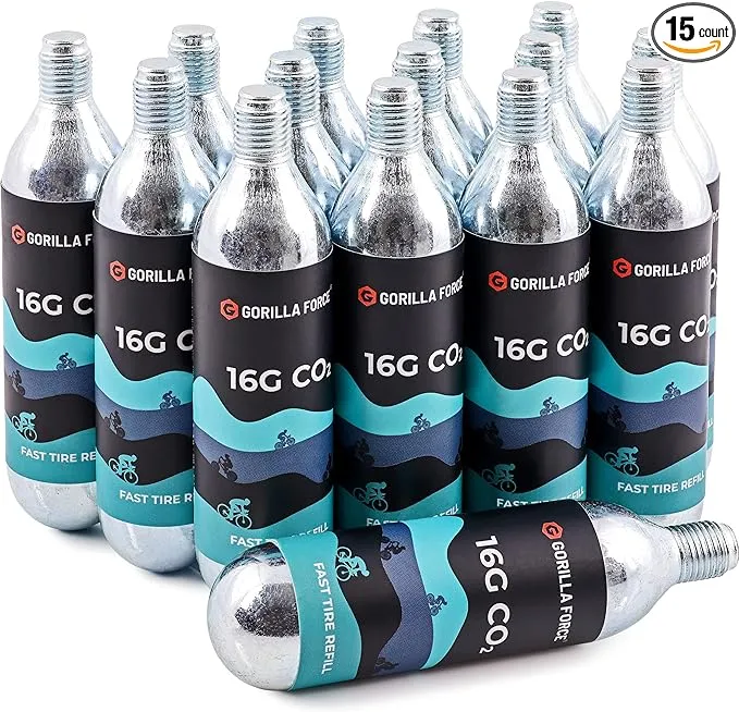 Gorilla Force | 16g CO2 Cartridges - Threaded | Box of 15 | for Bike Tire InflatorsGorilla Force | 16g CO2 Cartridges - Threaded | Box of 15 | for Bike Tire Inflators