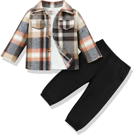 3Pcs Toddler Baby Boy Outfits Plaid Flannel Shirt+T Shirts+Pants 6M-5T