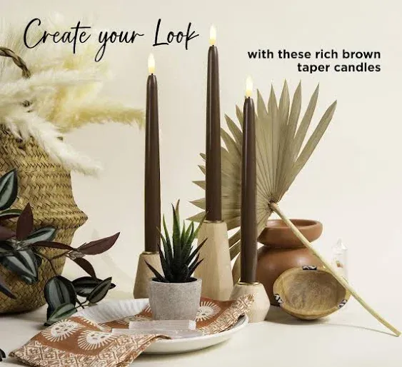 Set of 5 Daily Timer Brown 10" Flameless Taper Candles with Gently Flickering LED, Realistic Black Wick, Timer On/Off Remote Control. AA Batteries and Holders Sold Separately.