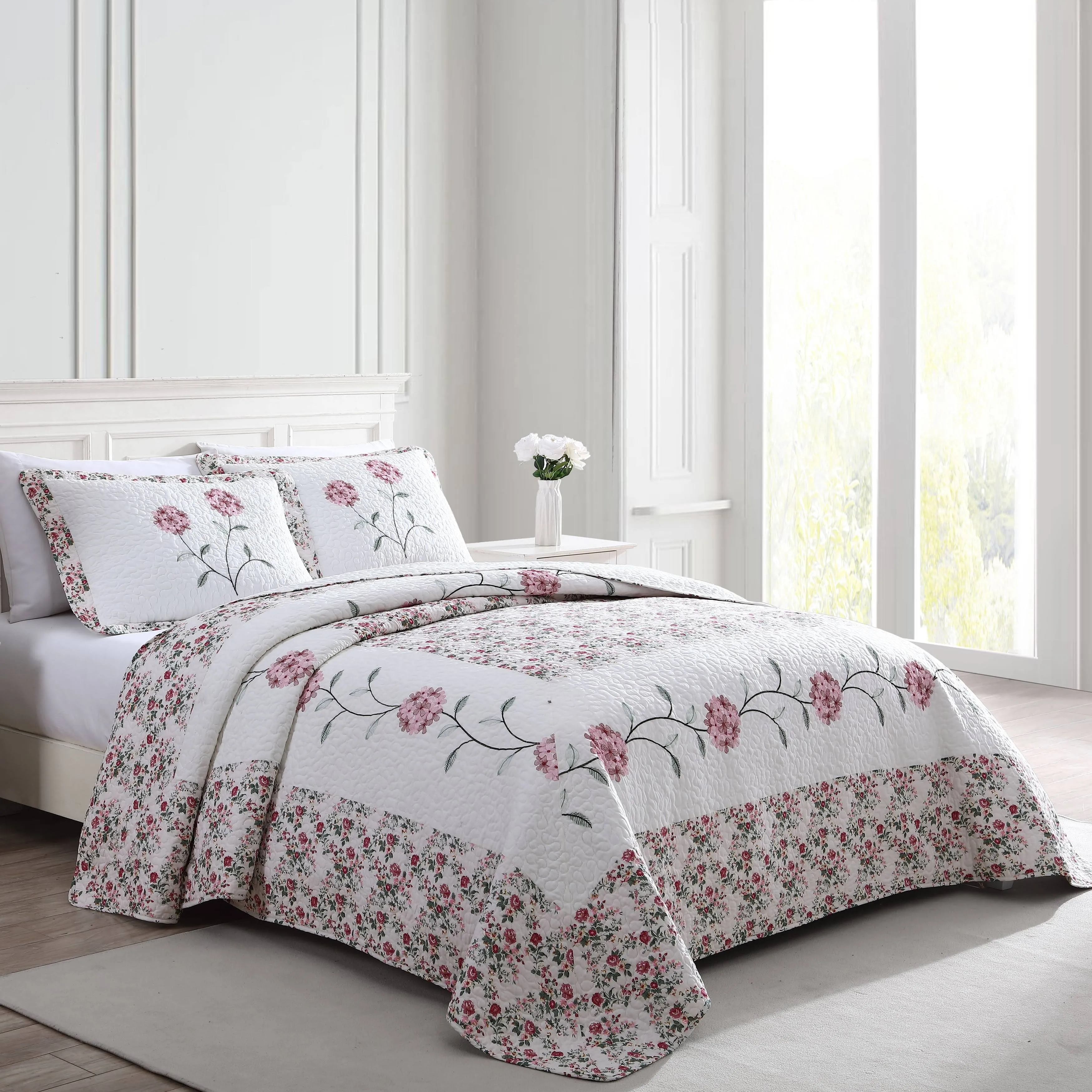 Beatrice Home Fashions Carnation Floral Embroidered Quilted Bedspread, Lightweight, All-Seasons, Full, Sage