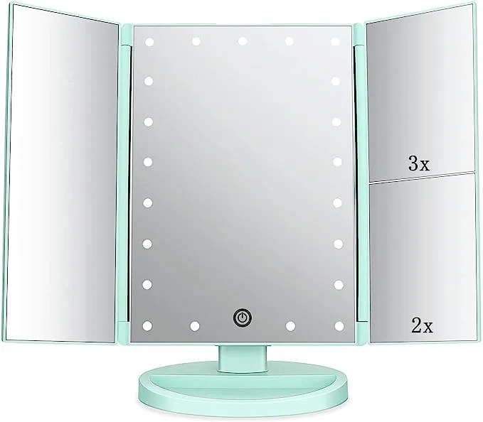 Flymiro Tri-Fold Lighted Vanity Makeup Mirror with 3x/2x/1x Magnification, 21LEDs Light and Touch Screen,180 Degree Free Rotation Countertop