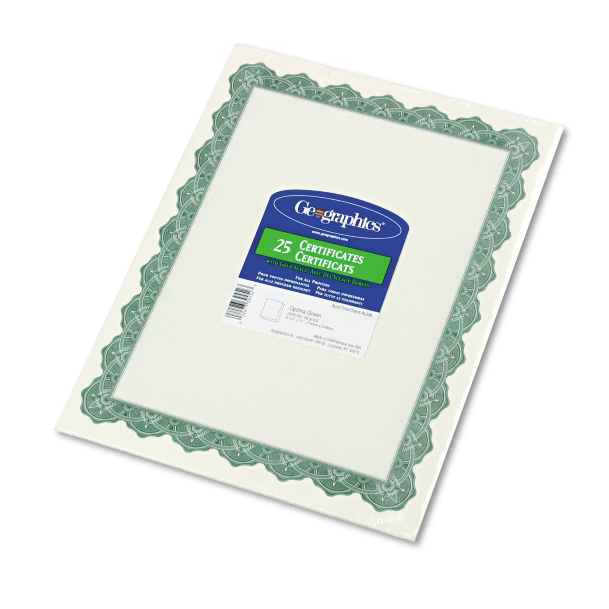 Geographics Parchment Paper Certificates, 8.5"  x 11", Optima Green Border - 25 ...