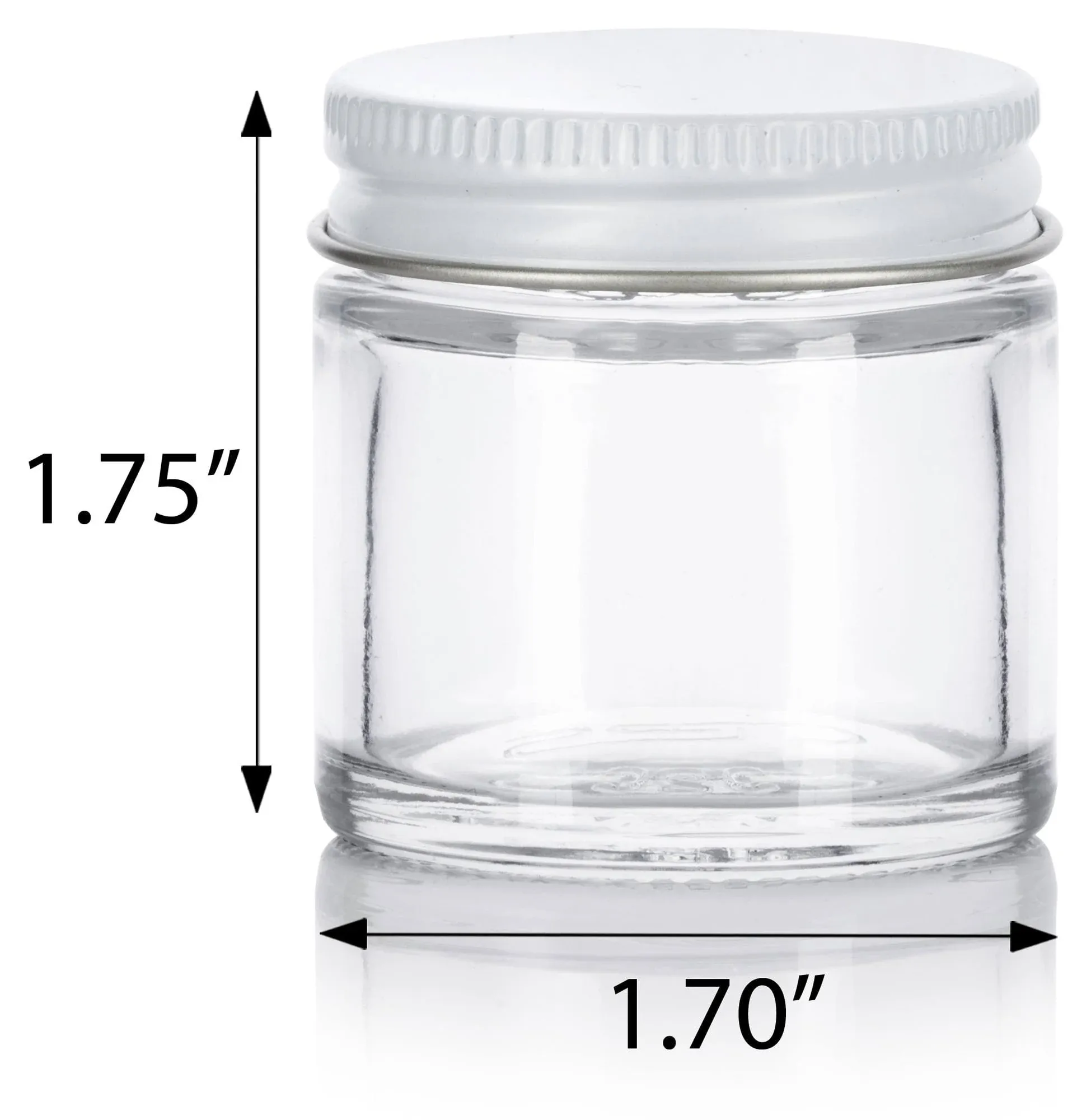 JUVITUS 1 oz / 30 ml Clear Thick Glass Straight Sided Jar with White Metal Airtight Lid (12 Pack)