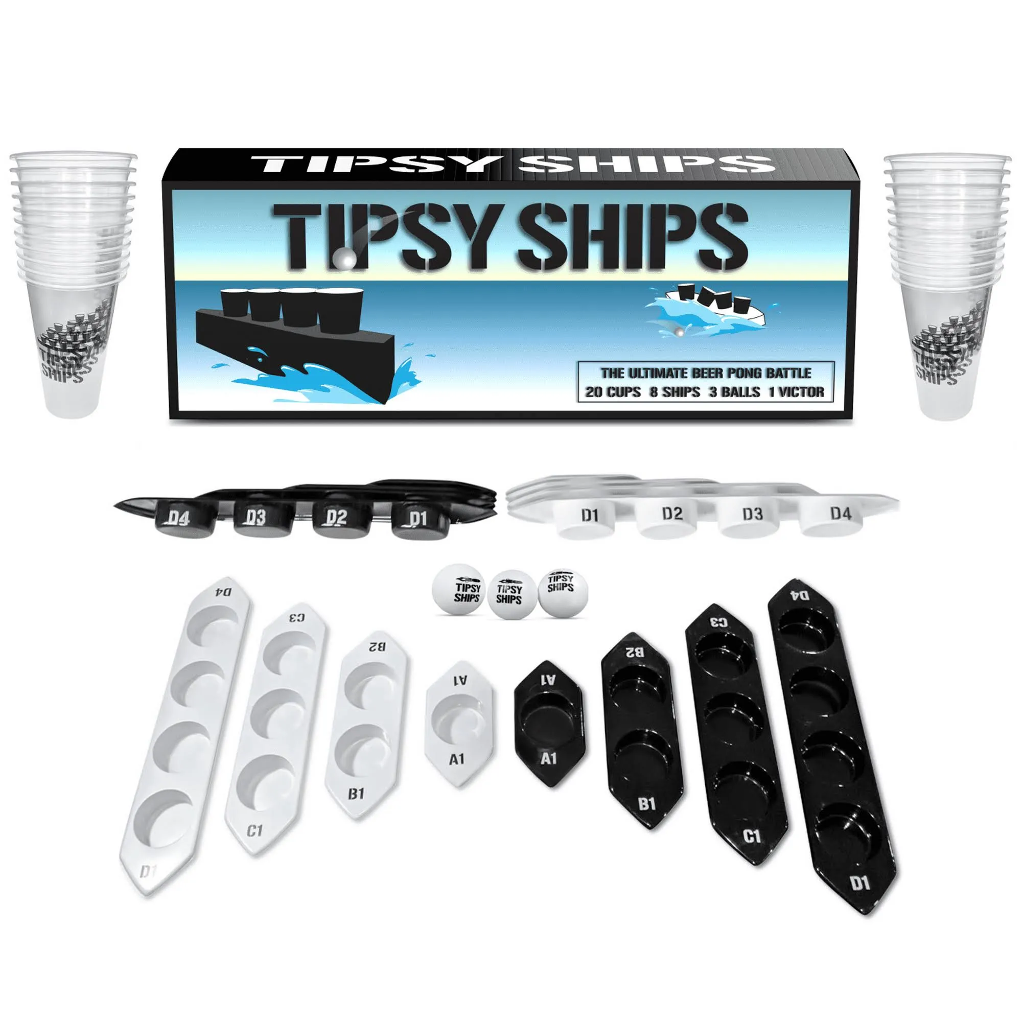 Tipsy Ships Set V2 - The Ultimate Battle Pong Party Game - 22 Plastic Cups, 8 Ship Trays, 3 Ping Pong Balls Included. Battle on Any Table!